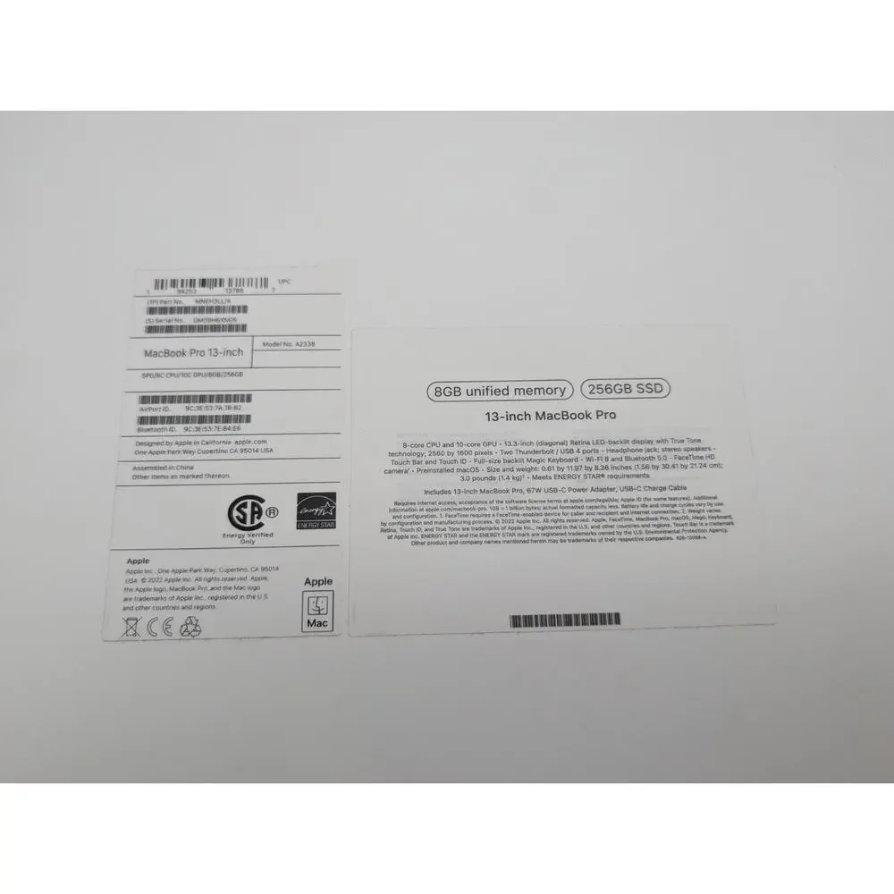 EMPTY BOX ONLY Apple MacBook Pro 13 inch 8GB memory 256GB SSD A2338